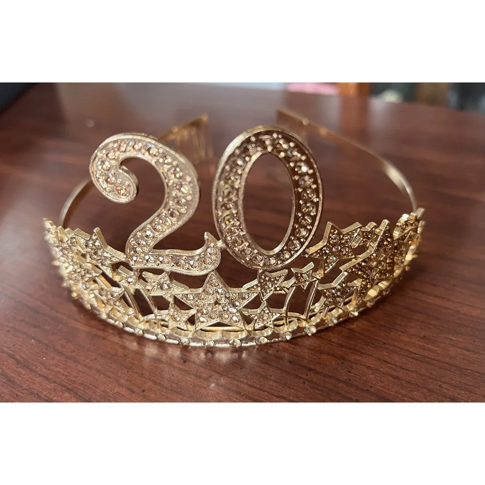 20 Year Birthday-Work Anniversary Celebrate‎ Crown Gold Rhinestone & Stars